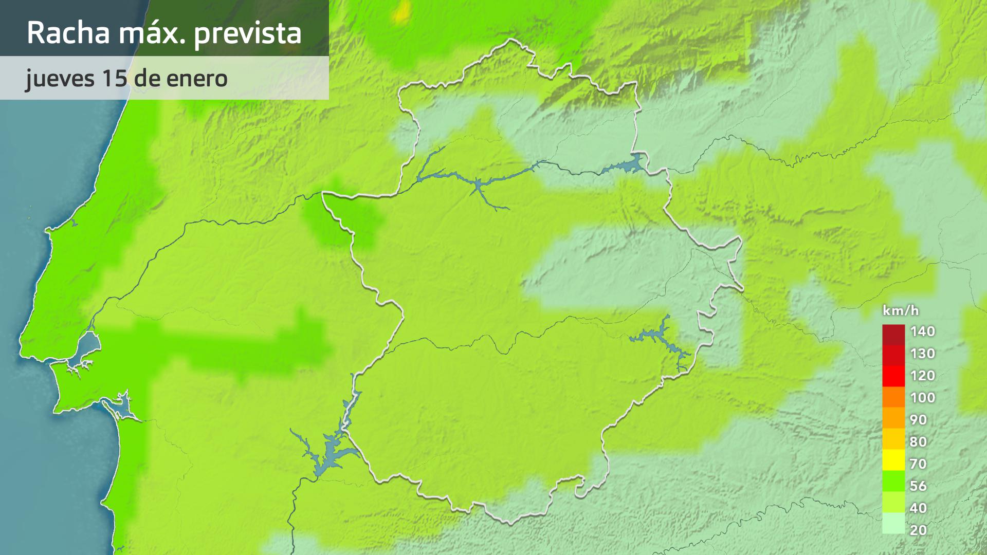 Rachas máximas de viento previstas para hoy jueves 15 de enero