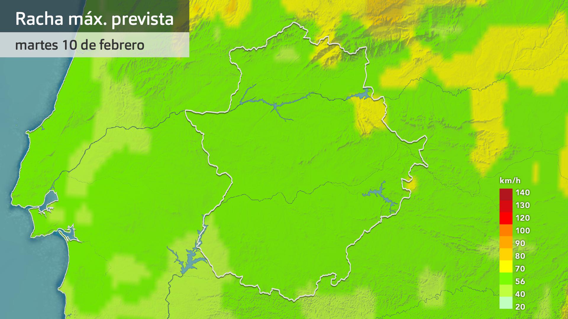 Rachas de viento máximas previstas para hoy martes 10 de febrero
