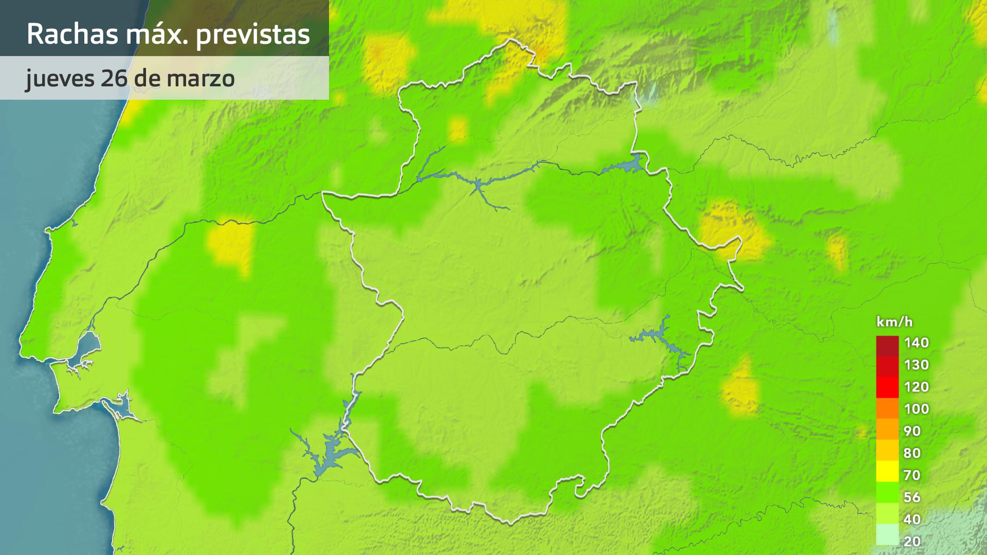 Rachas máximas de viento previstas para hoy jueves 26 de marzo