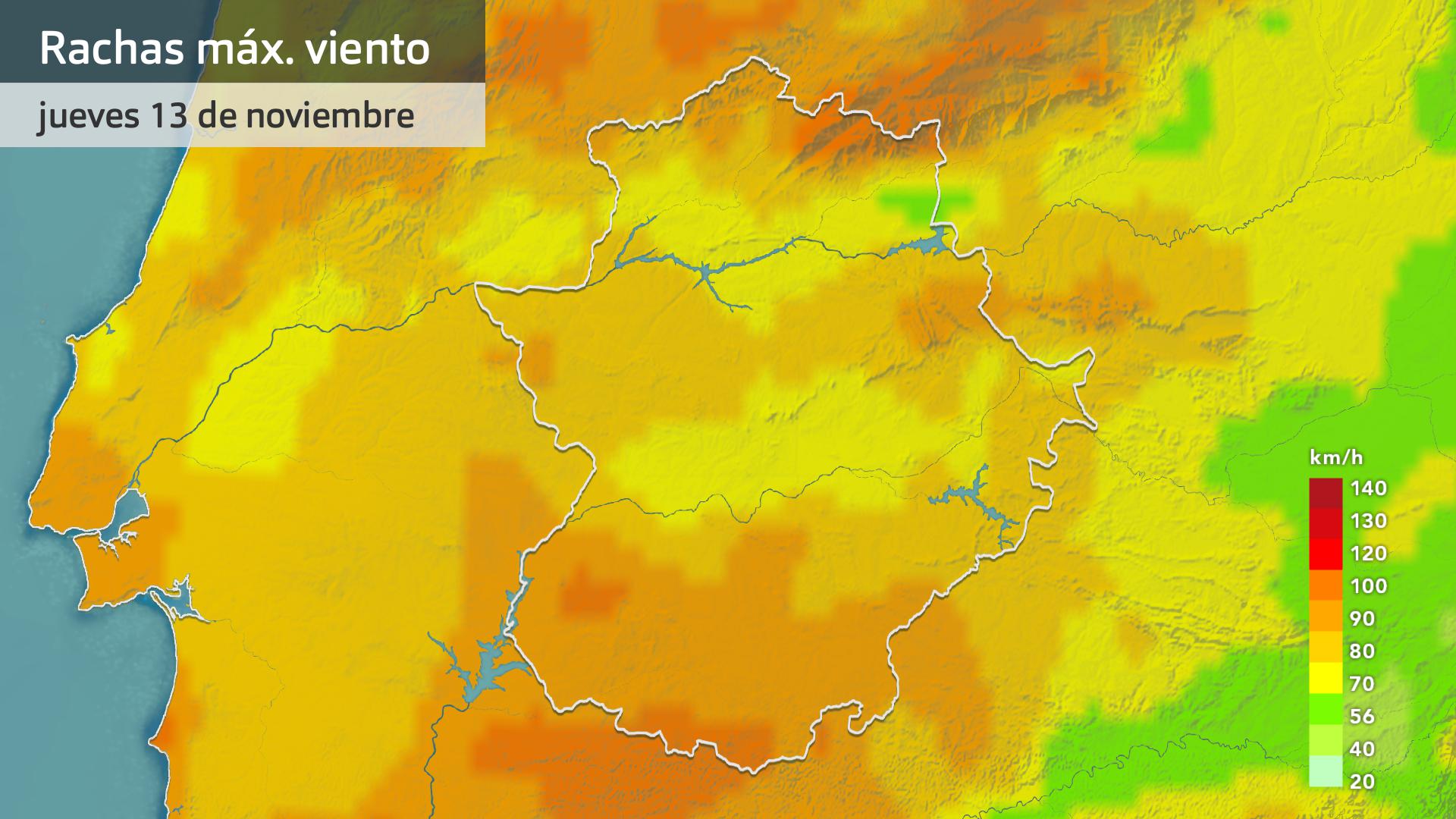 Rachas máximas de viento previstas para hoy jueves 13 de noviembre