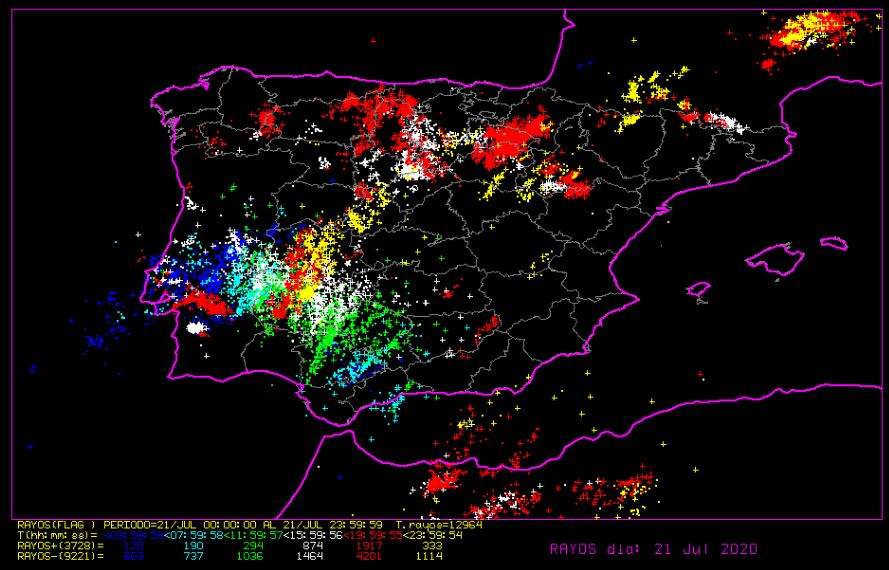 Descargas eléctricas registradas durante el 21 de julio. Aemet