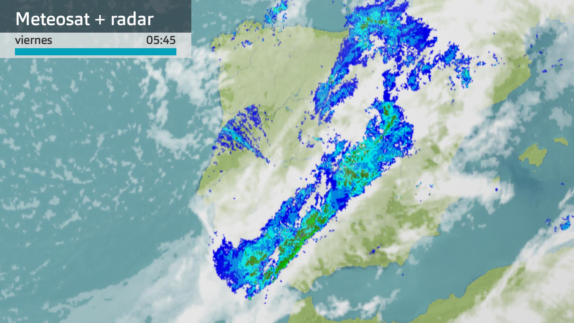 Imagen del Meteosat + radar meteorológico viernes 1 de diciembre 5:45 h.