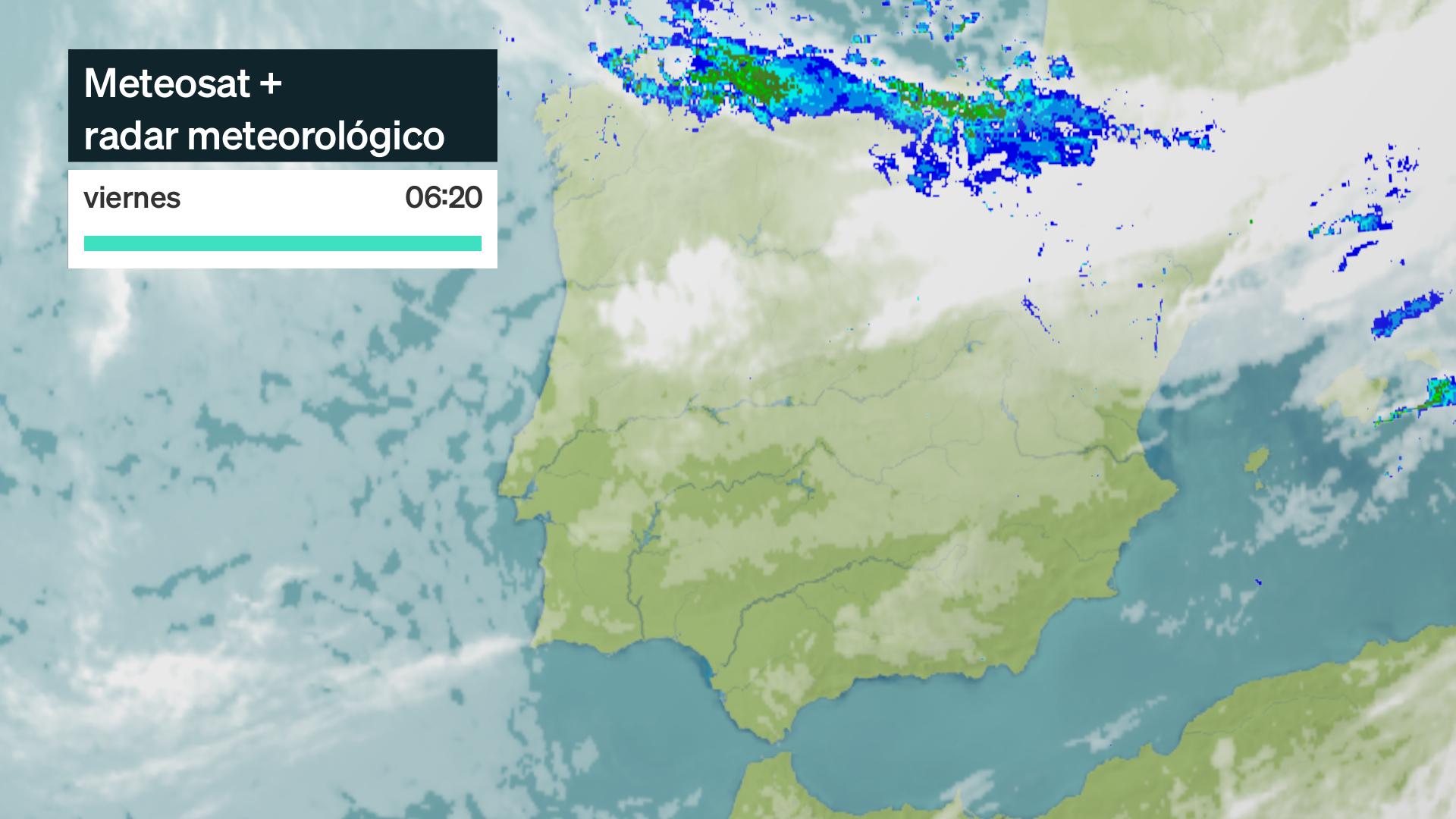 Imagen del Meteosat + radar meteorológico viernes 15 de mayo 6:20 h.