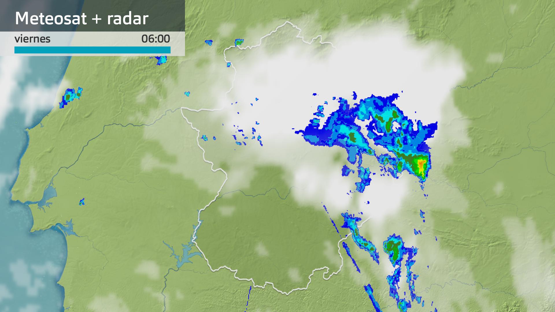 Imagen del Meteosat + radar meteorológico viernes 28 de junio 6h.