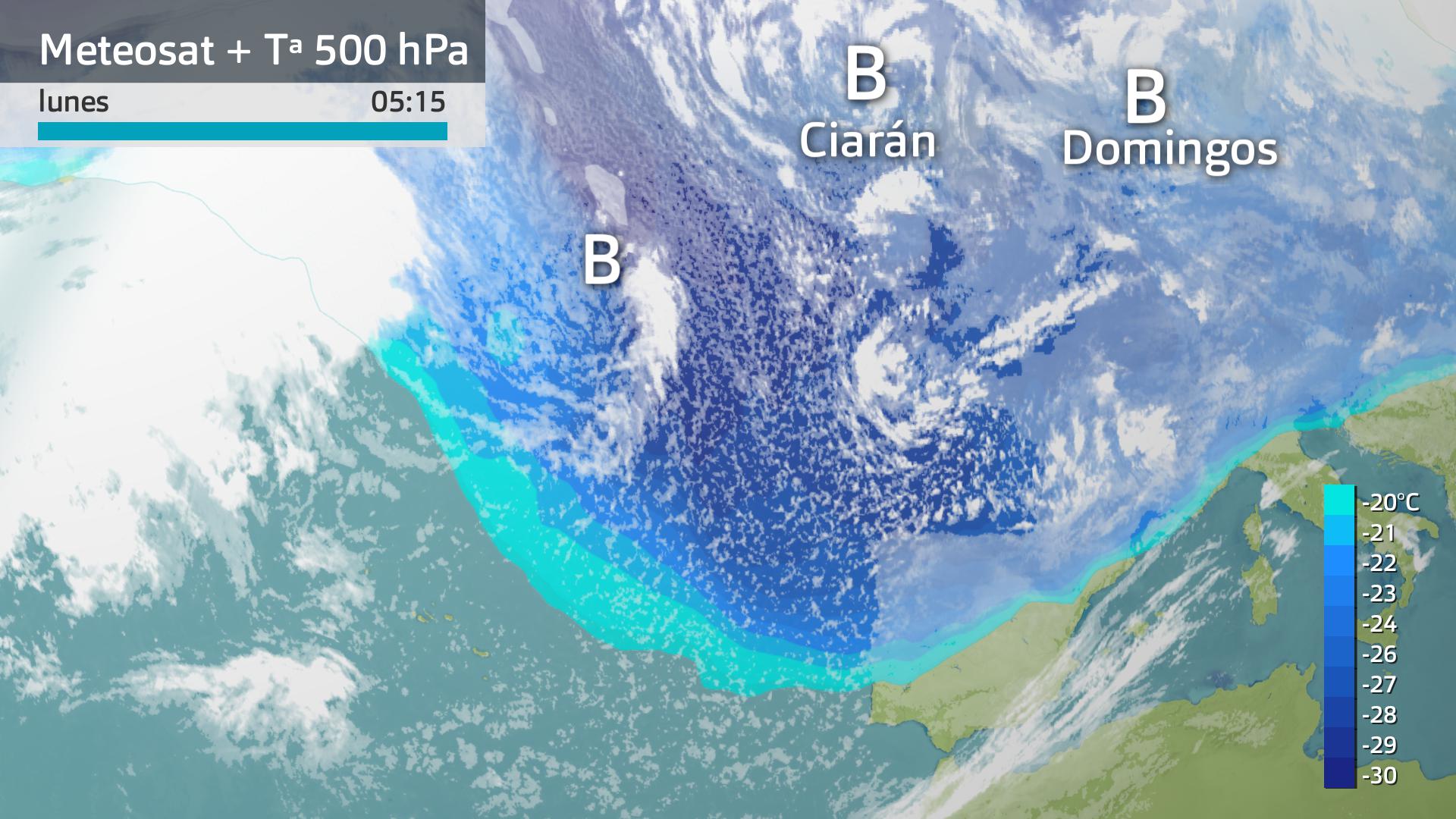 Imagen del Meteosat + temperatura a 500 hPa lunes 6 de noviembre 5:15 h.