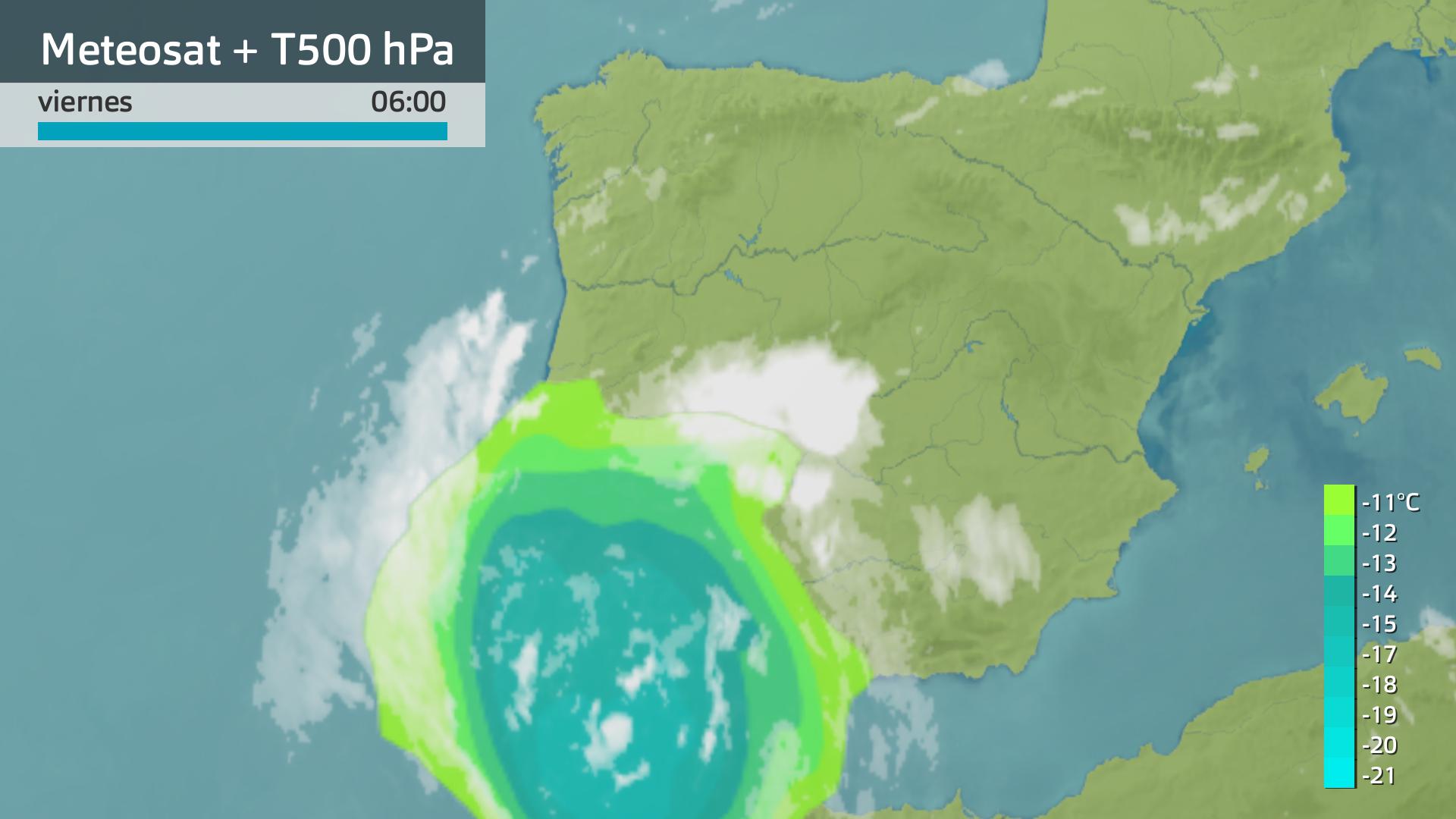 Imagen del Meteosat + temperatura a 500 hPa viernes 28 de junio 6h.
