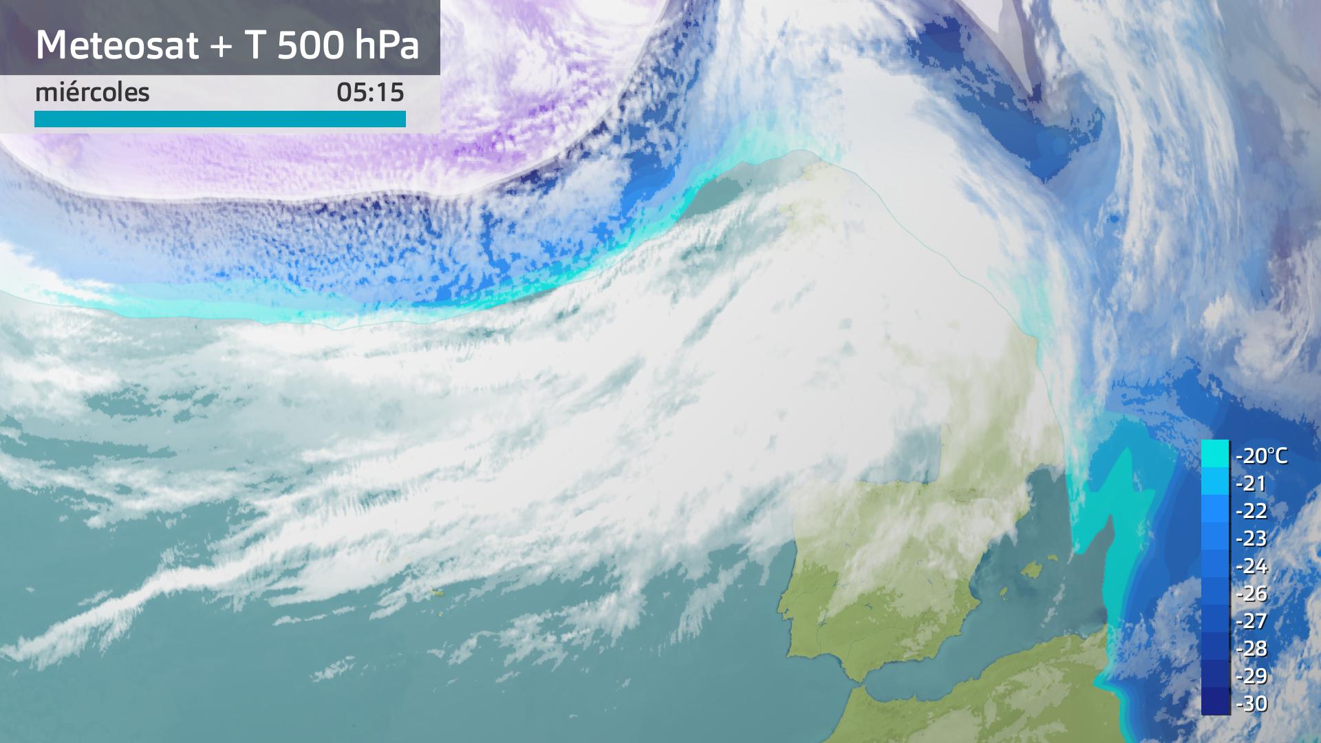 Imagen del Meteosat + temperatura a 500 hPa miércoles 21 de febrero 5:15 h.