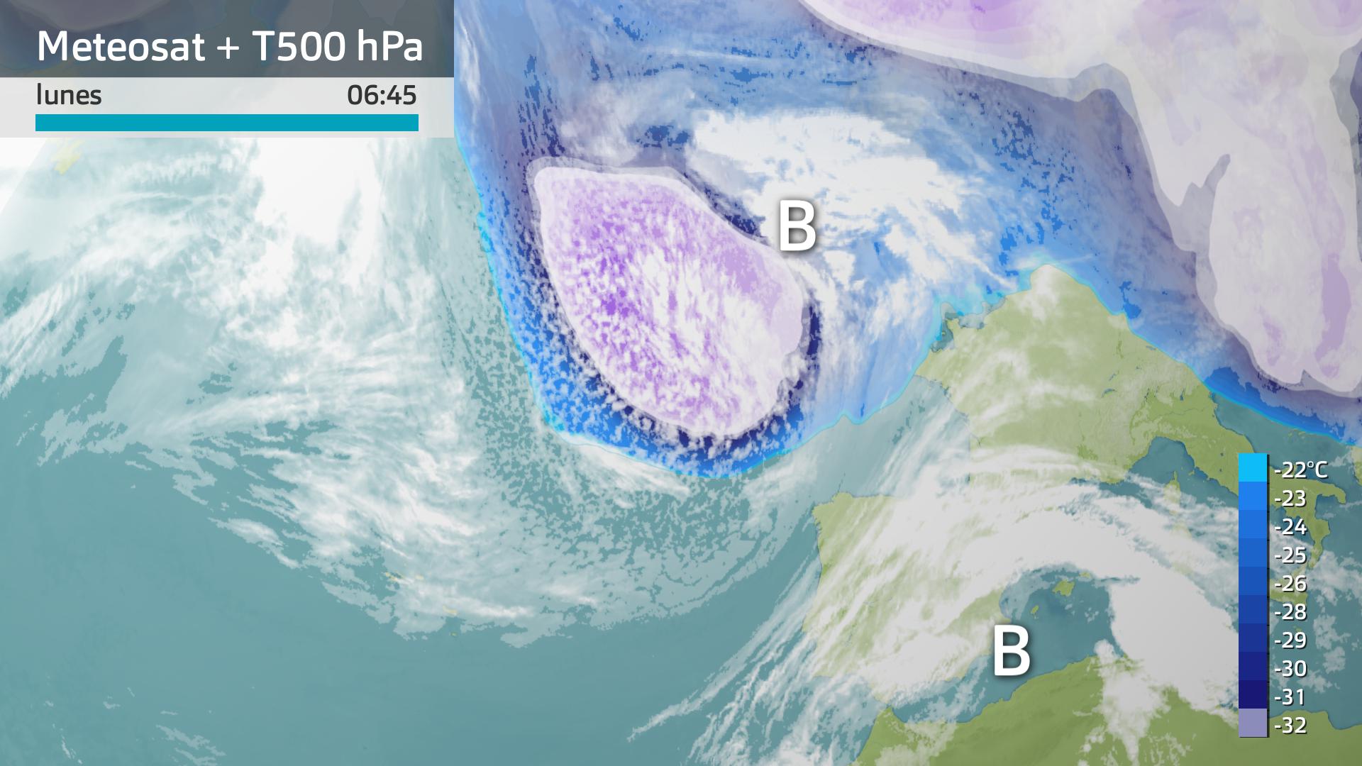 Imagen del Meteosat + temperatura a 500 hPa lunes 25 de marzo 6:45 h.