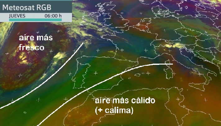 Imagen del Meteosat (RGB) jueves 22 de julio 6 h. Fuente: Eumetsat. Infografía propia