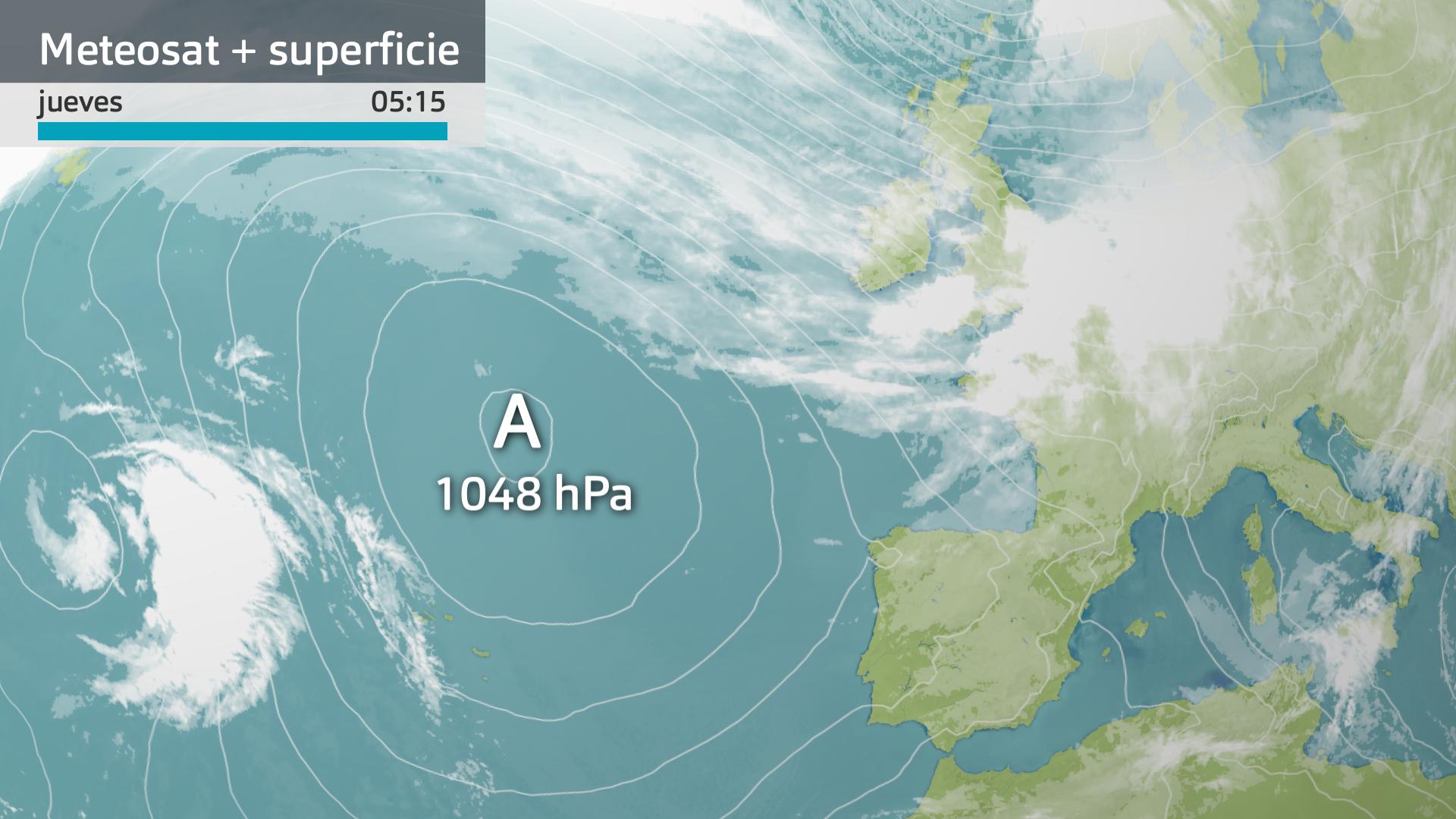 Imagen del Meteosat + presión en superficie jueves 21 de diciembre 5:15 h.