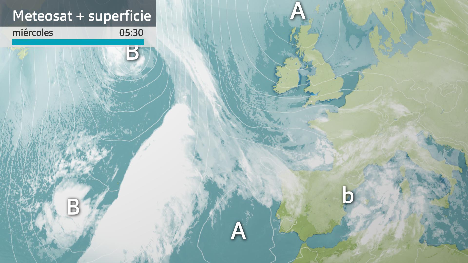 Imagen del Meteosat + mapa de superficie miércoles 10 de enero 5:30 h.