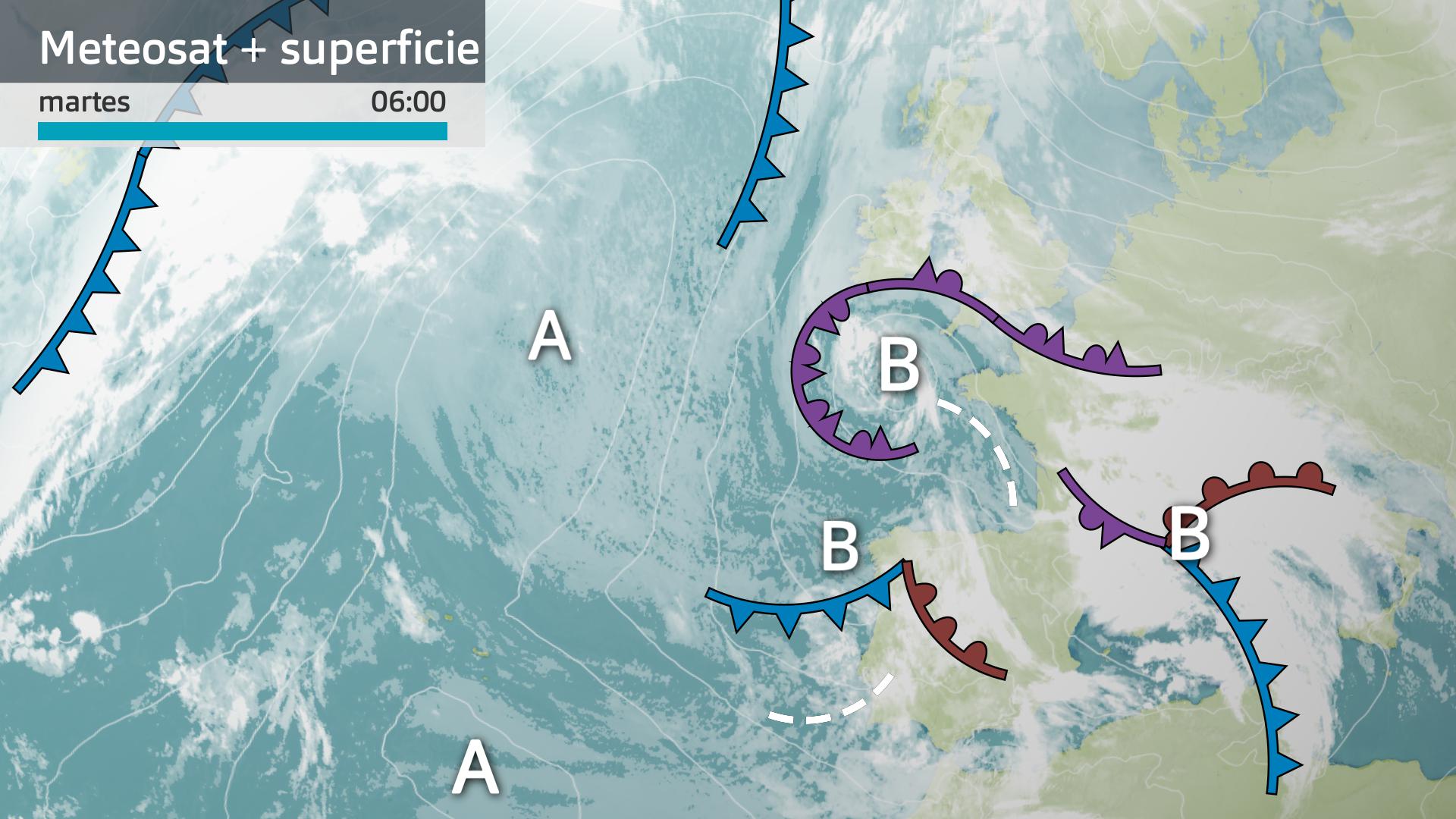 Imagen del Meteosat + mapa de superficie martes 23 de diciembre 6 h.