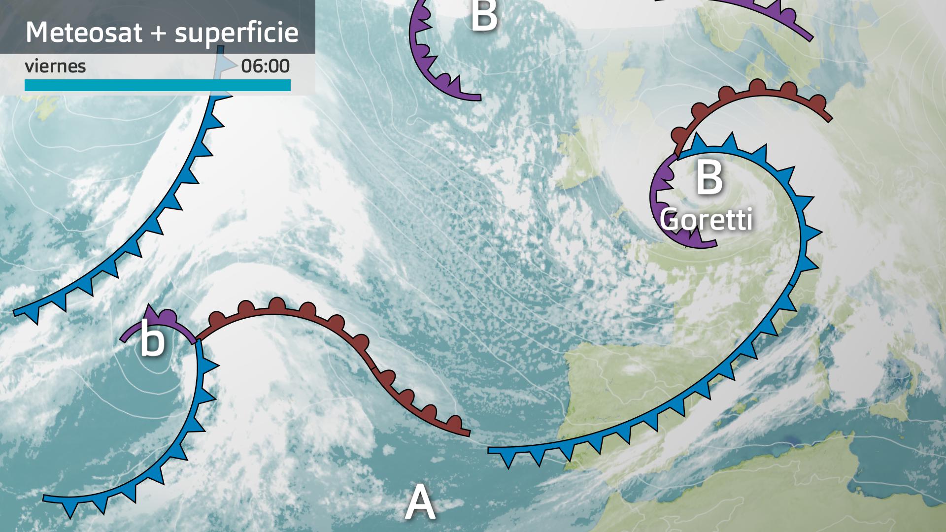 Imagen del Meteosat + mapa de superficie viernes 9 de enero 6 h.