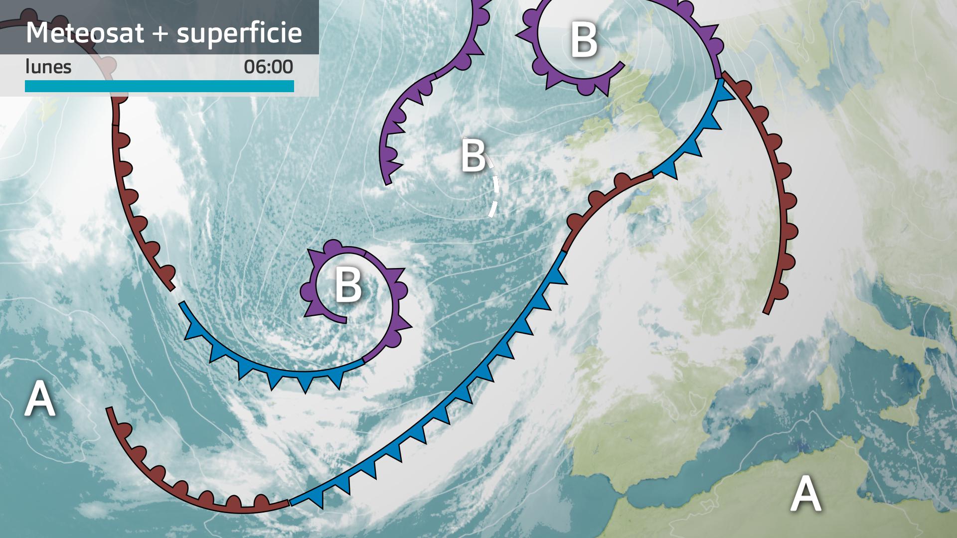 Imagen del Meteosat + mapa de superficie lunes 12 de enero 6 h.