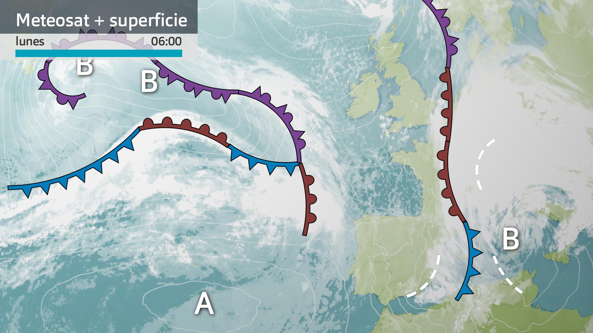 Imagen del Meteosat + mapa de superficie lunes 13 de abril 6 h.
