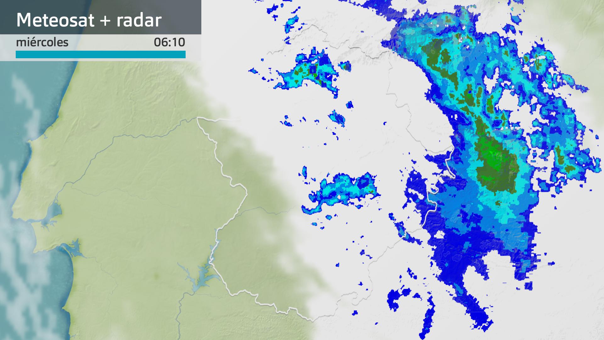 Imagen del Meteosat + radar meteorológico miércoles 8 de abril 6:10 h.
