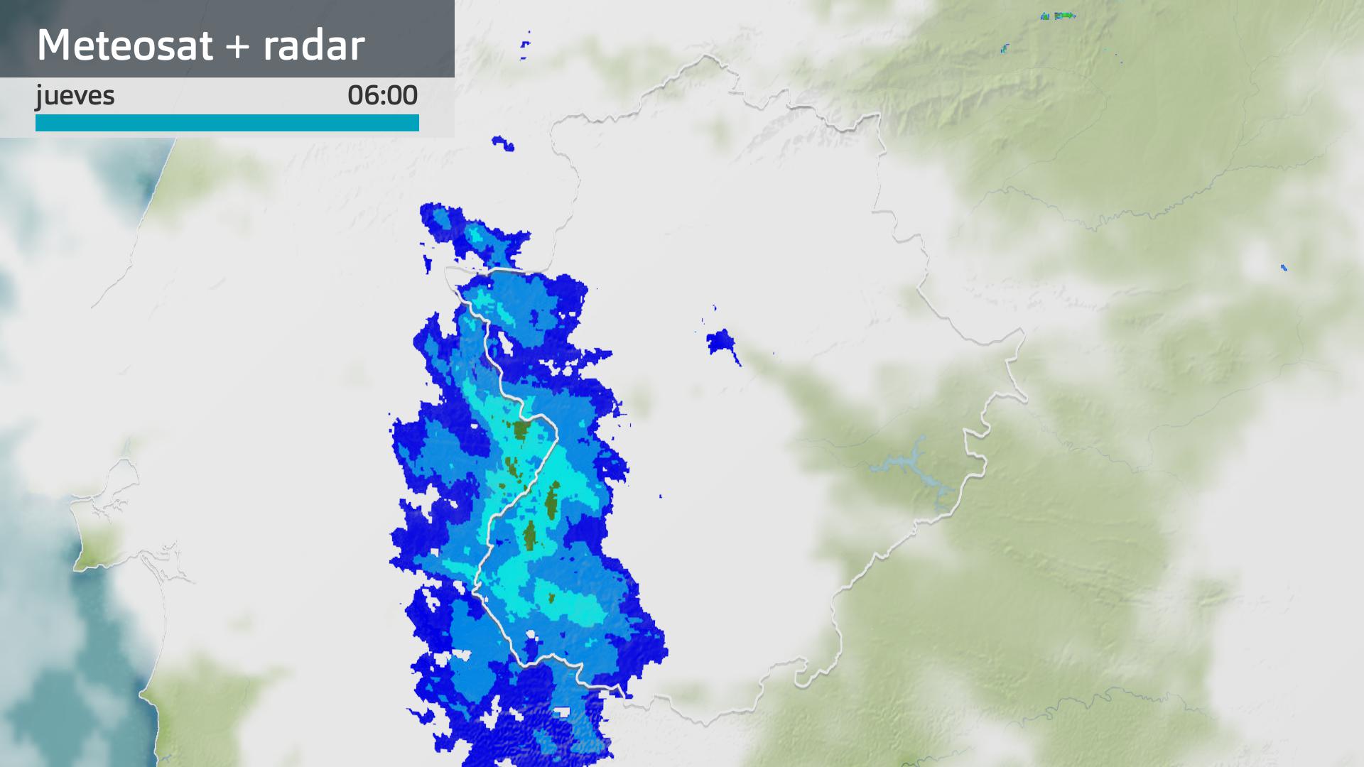 Imagen del Meteosat + radar meteorológico jueves 9 de abril 6 h.