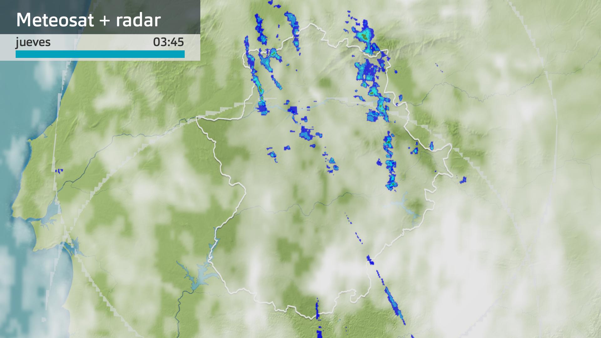 Imagen del Meteosat + radar meteorológico jueves 15 de febrero 3:45 h.