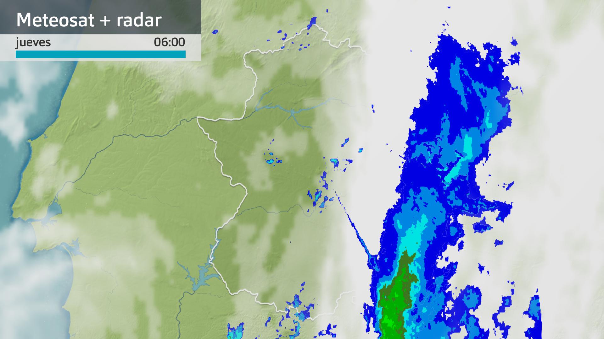 Imagen del Meteosat + radar meteorológico jueves 3 de abril 6 h.