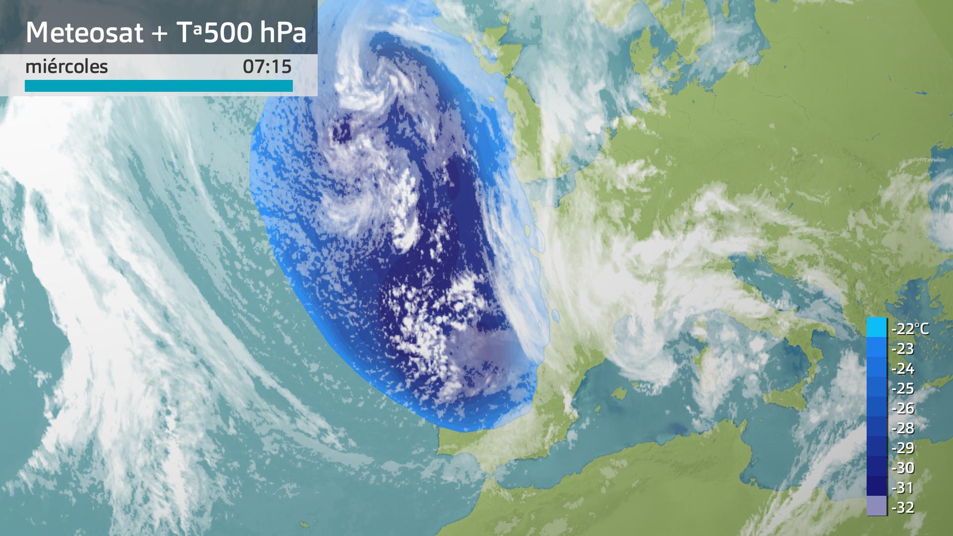 Imagen del Meteosat + temperatura a 500 hPa miércoles 1 de may0 7:15 h.