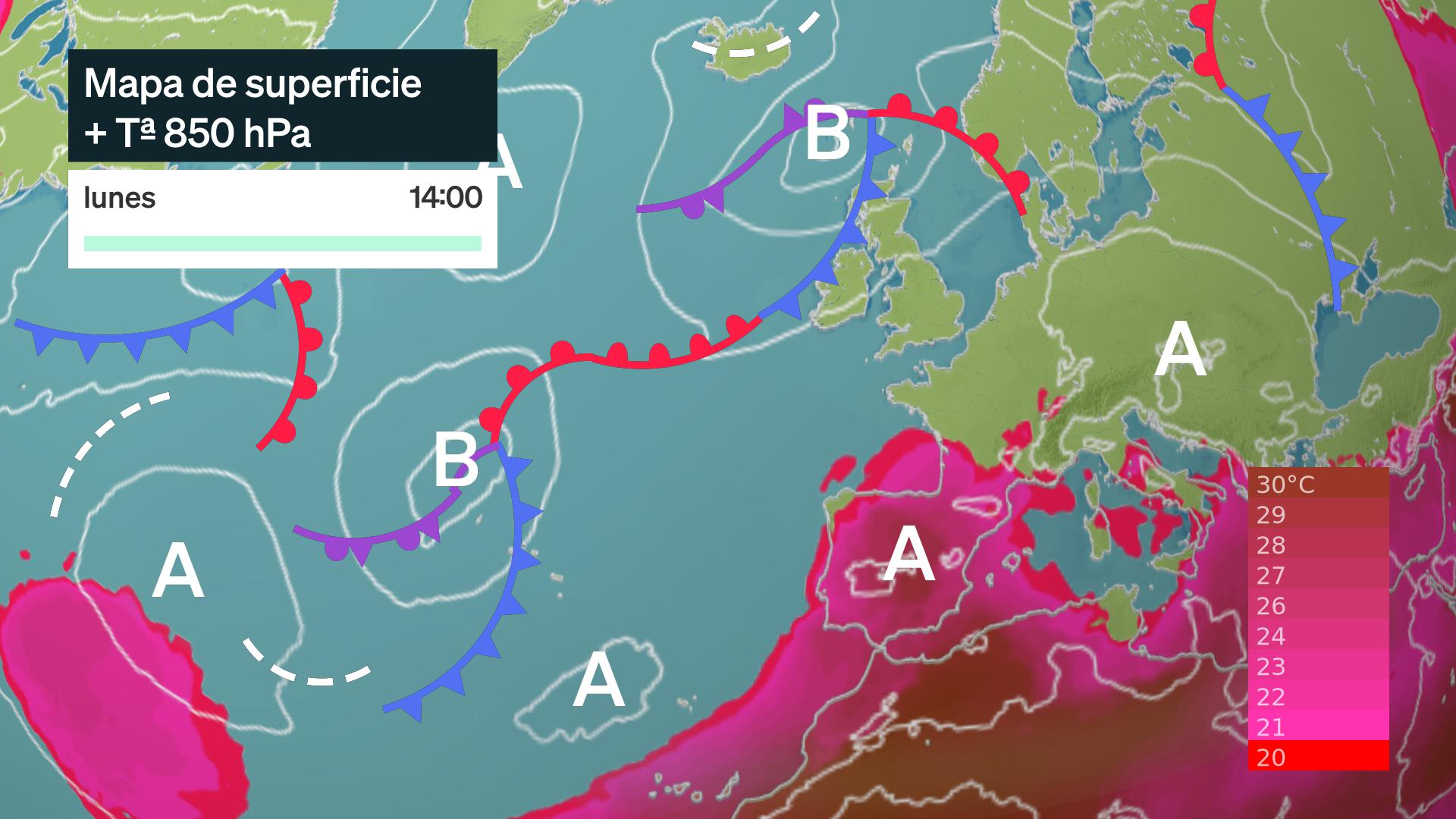 Mapa de superficie y temperatura a 850 hPa