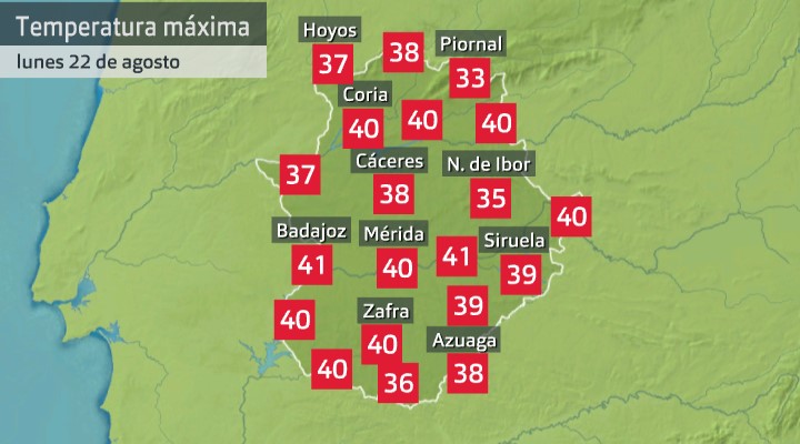 Temperaturas máximas 22 de agosto de 2022. Fuente: AEMET, Meteoclimatic et al.