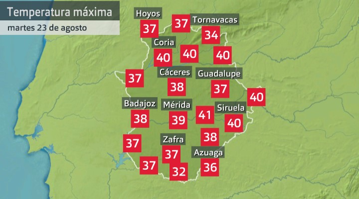 Temperaturas máximas 23 de agosto de 2022. Fuente: AEMET, Meteoclimatic et al.