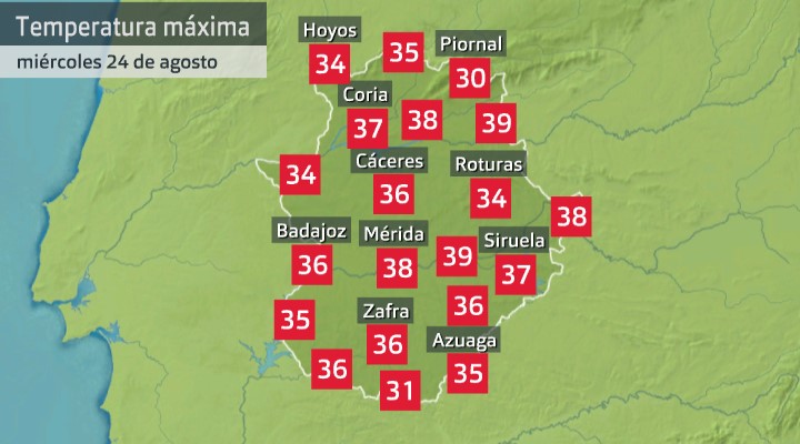 Temperaturas máximas 24 de agosto de 2022. Fuente: AEMET, Meteoclimatic et al.