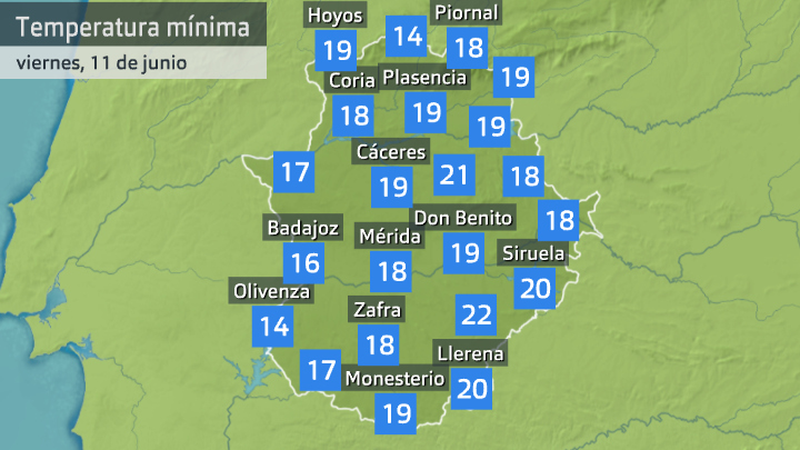 Temperatura mínima viernes 11 de junio. Datos hasta las 6:30 h. Aemet, Meteoclimatic et al.