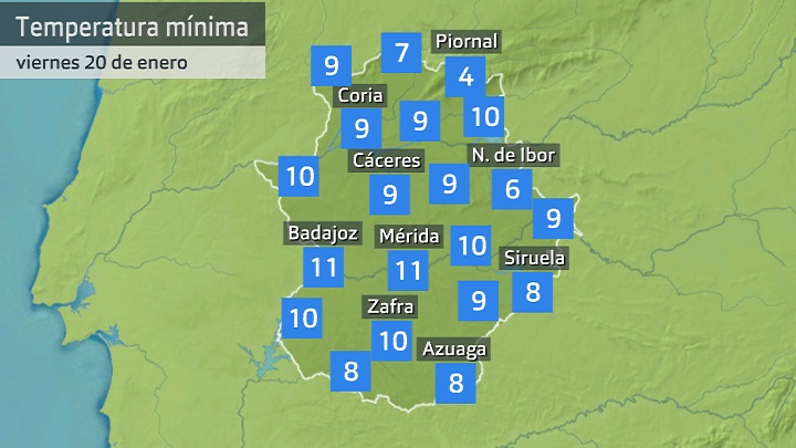 Temperatura mínima viernes 20 de enero. Datos hasta las 6:30 h. Aemet, Meteoclimatic et al.