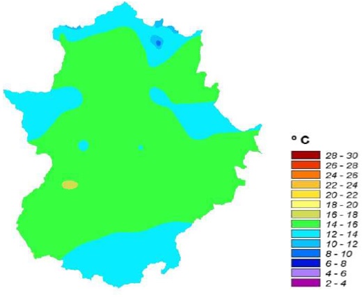 FIG. 4. Temperatura media en Extremadura durante el mes de abril de 2020. Fuente: AEMET Extremadura