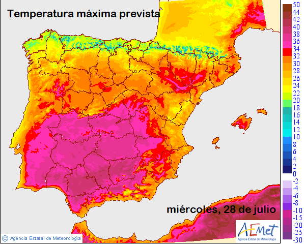 Temperatura máxima prevista para hoy miércoles 28 de julio. Mapa Aemet