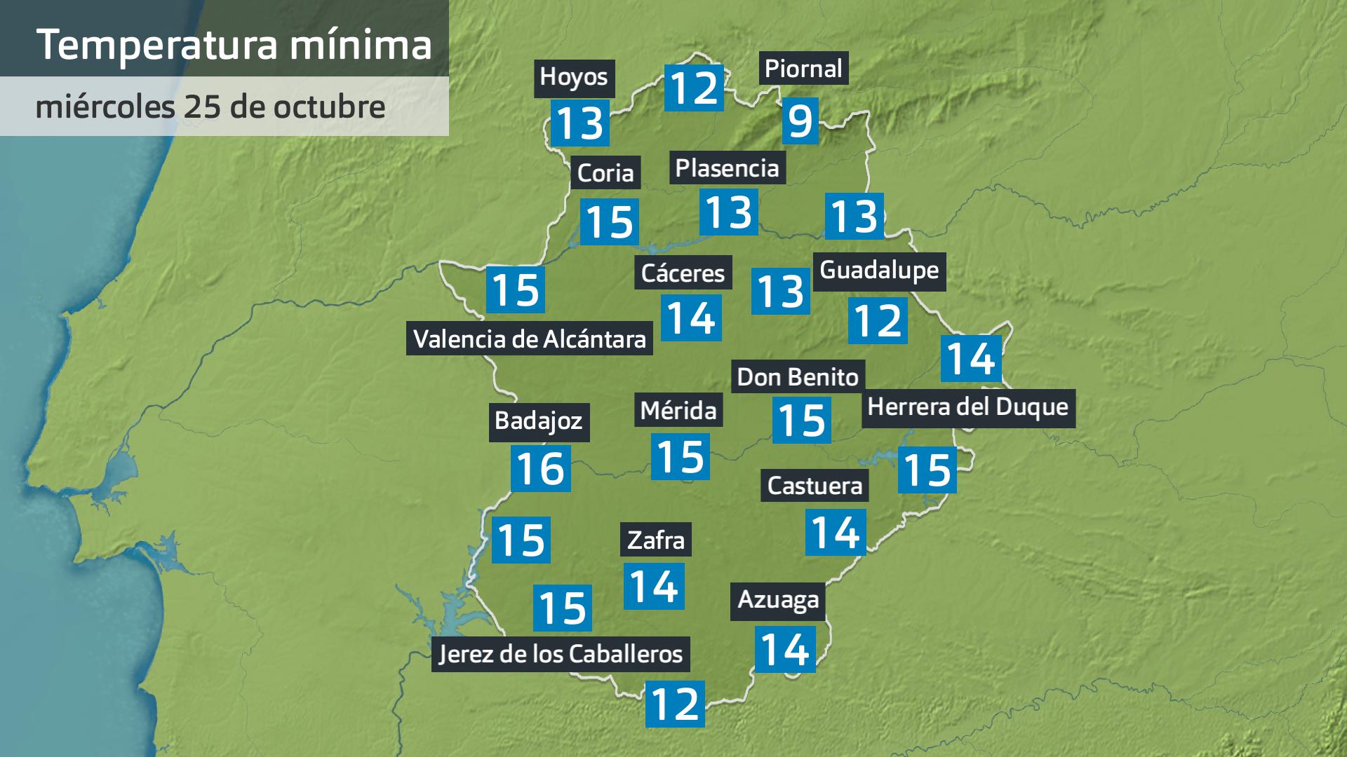 Temperatura mínima miércoles 25 de octubre. Datos hasta las 6:30 h. Aemet, Meteoclimatic et al.