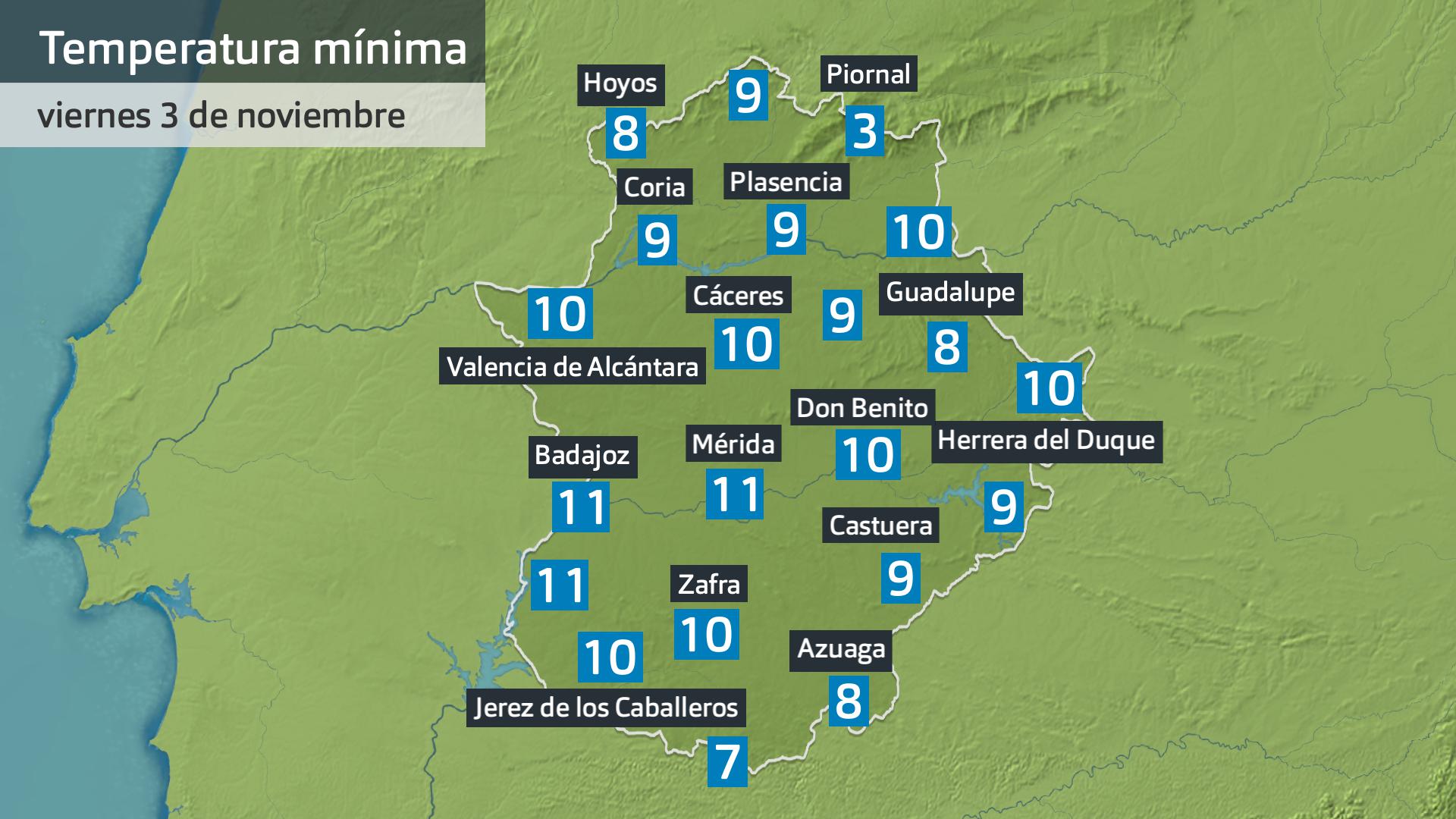 Temperatura mínima viernes 3 de noviembre. Datos hasa las 6:30 h. Aemet, Meteoclimatic et al.