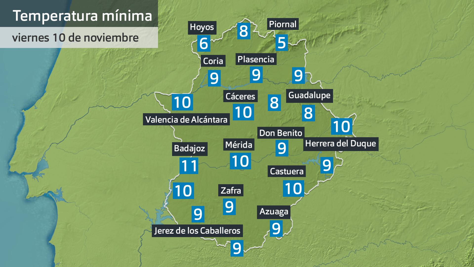 Temperaturas mínimas viernes 10 de novembre. Datos hasta las 6:30 h. Aemet, Meteoclimatic et al.