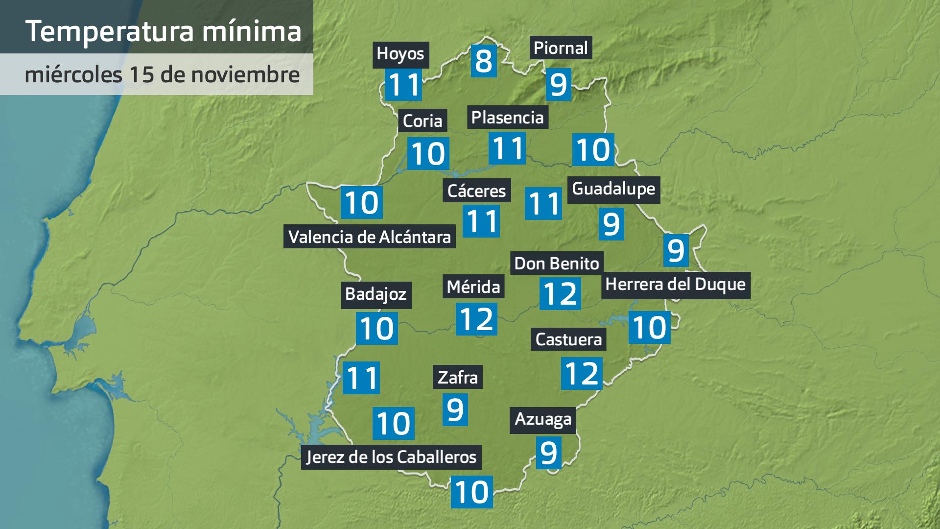 Temperatura mínima miércoles 15 de noviembre. Datos hasta las 6:30 h. Aemet, Meteoclimatic et al.