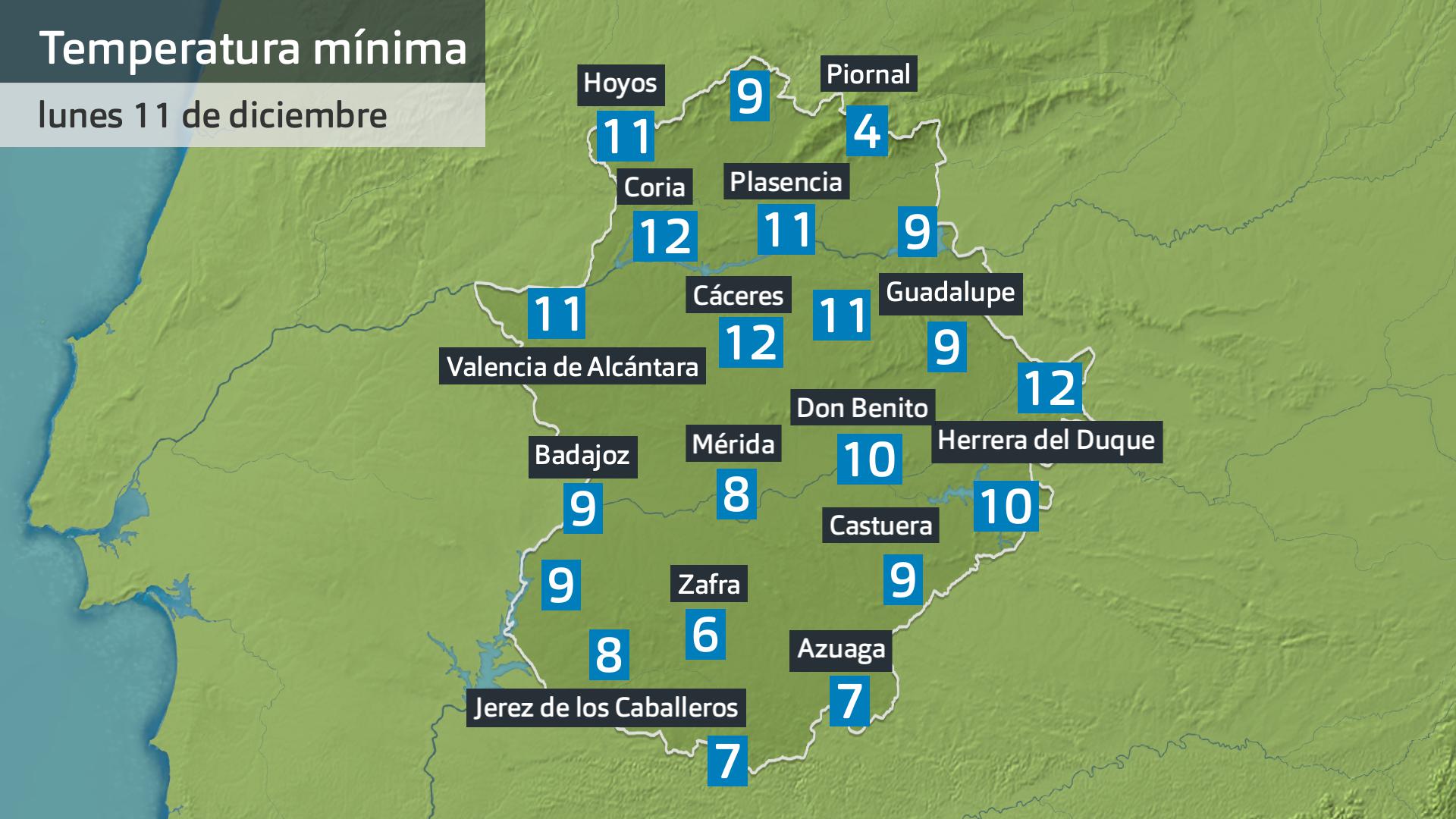 Temperatura mínima lunes 11 de diciembre. Datos hatsa las 6:30 h. Aemet, Meteoclimatic et al.