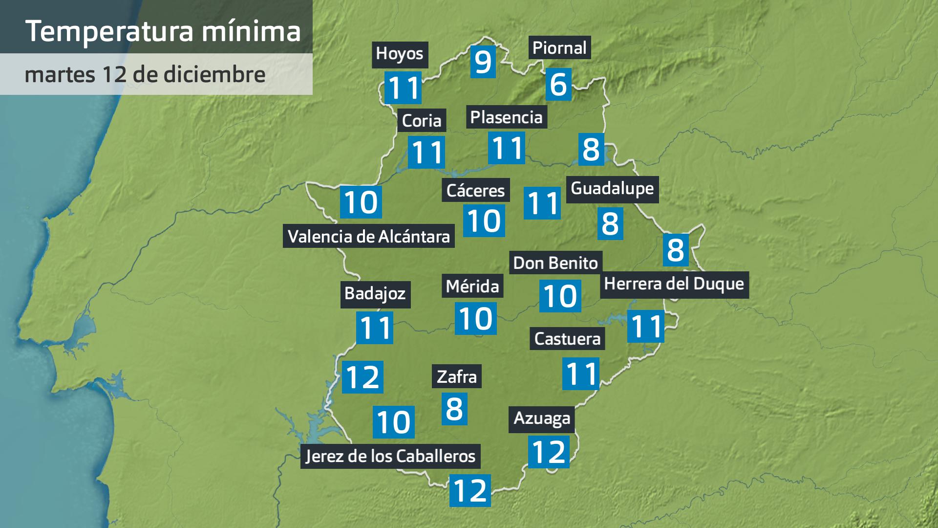 Temperatura mínima martes 12 de diciembre. Datos hasta las 6:30 h. Aemet, Meteoclimatic et al.