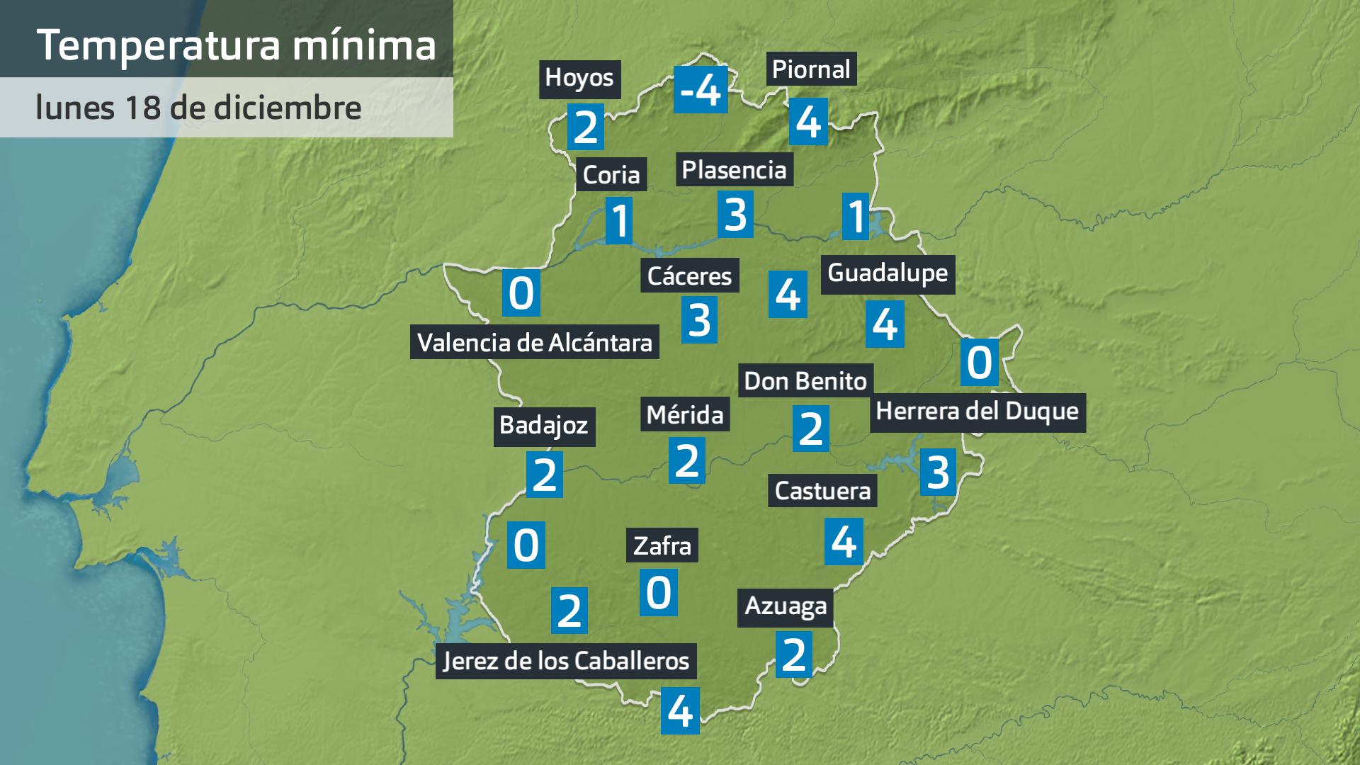 Temperatura mínima lunes 18 de diciembre. Datos hatsa las 6:30 h. Aemet, Meteoclimatic et al.