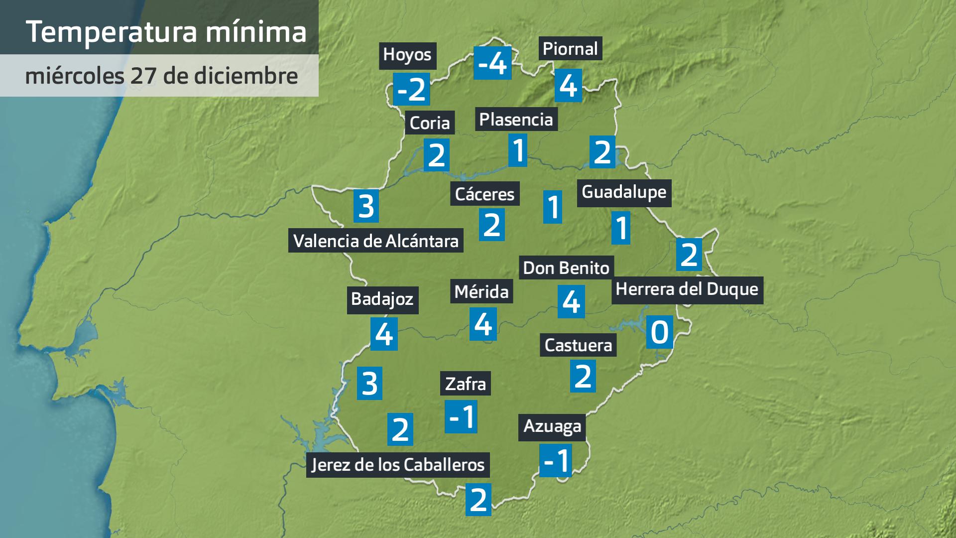 Temperatura mínima miércoles 27 de diciembre. Datos hasta las 6:30 h. Aemet, Meteoclimatic et al.