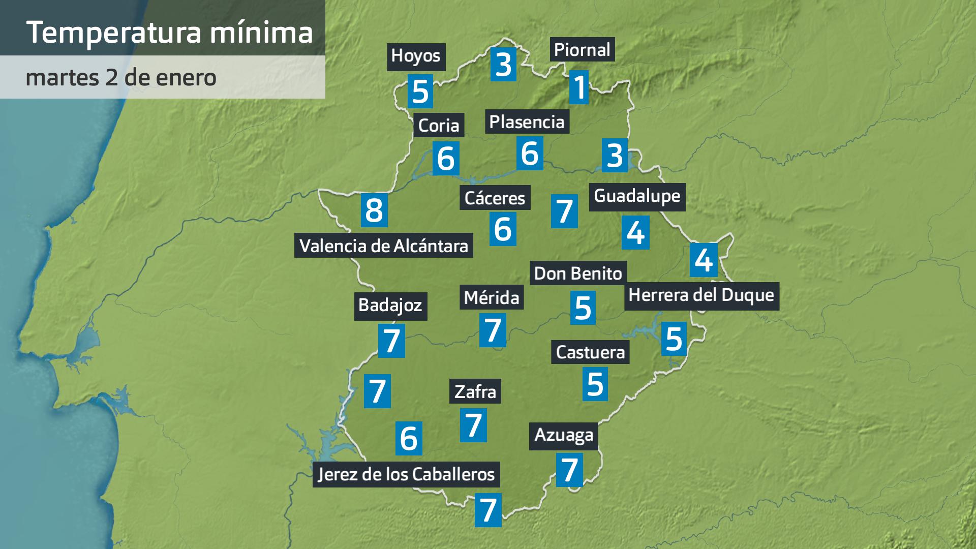 Temperatura martes 2 de enero de 2024. Datos hasta las 6:30 h. Aemet, Meteoclimatic et al.