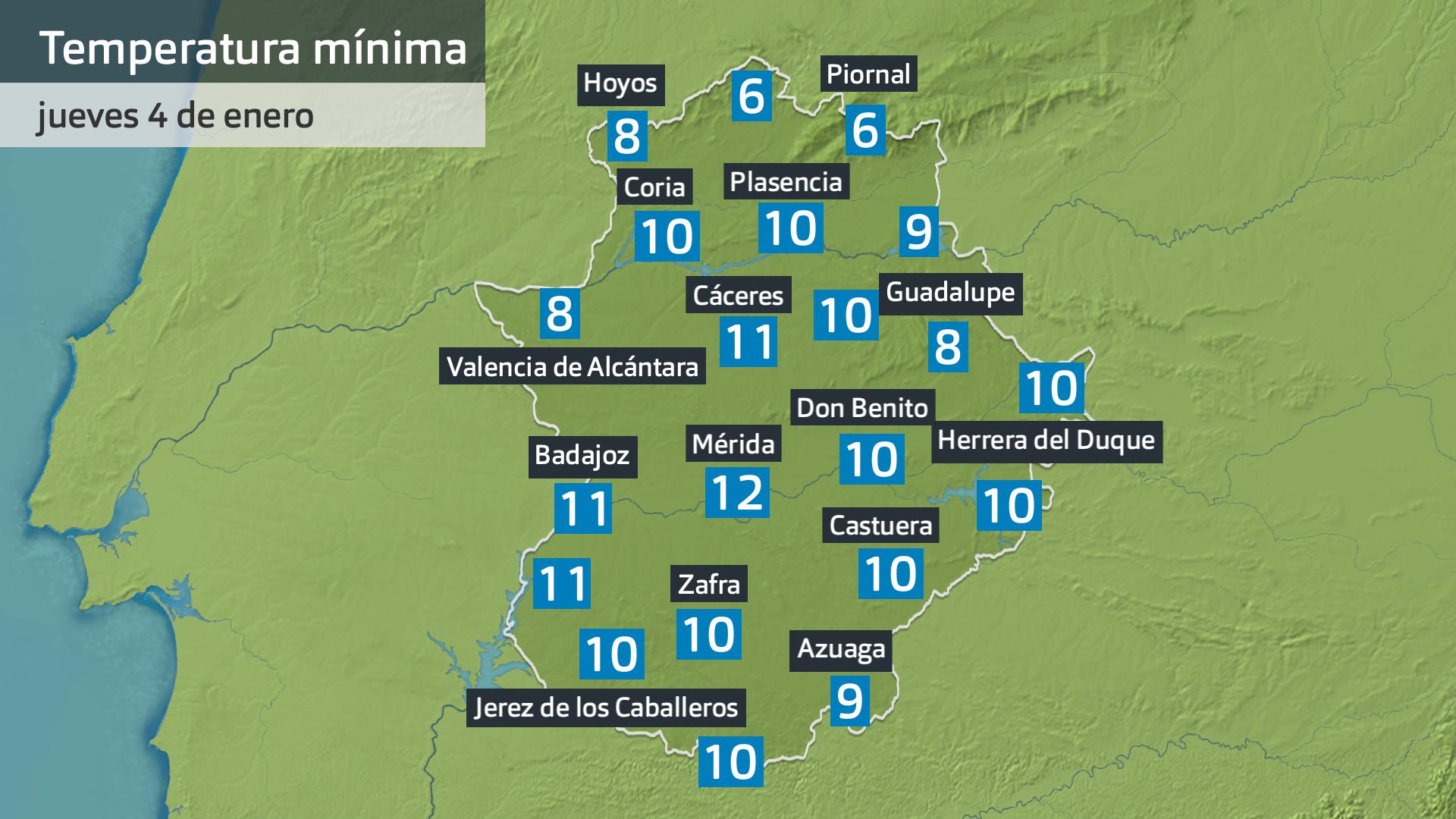 Temperatura mínima jueves 4 de enero. Datos hasta las 6:30 h. Aemet, Meteoclimatic et al.