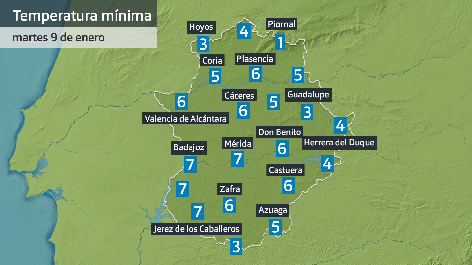 Temperatura mínima martes 9 de enero. Datos hasta las 6:30 h. Aemet, Meteoclimatic et al.