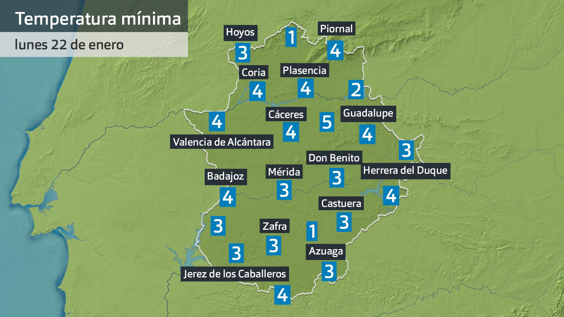 Temperatura mínima lunes 22 de enero. Datos hasta las 6:30 h. Aemet, Meteoclimatic et al.