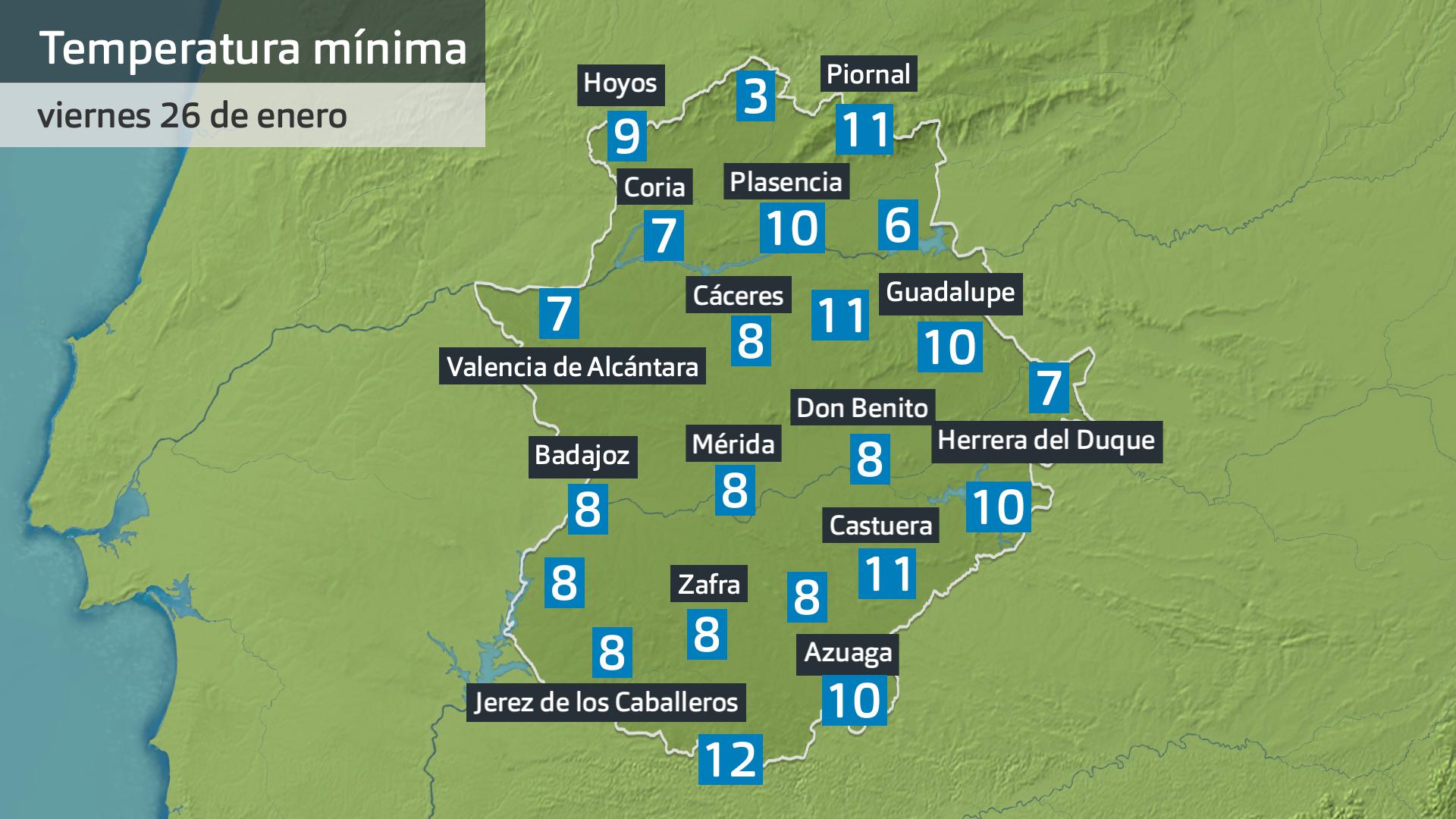 Temperatura mínima viernes 26 de enero. Datos hasta las 6:30 h. Aemet, Meteoclimatic et al.