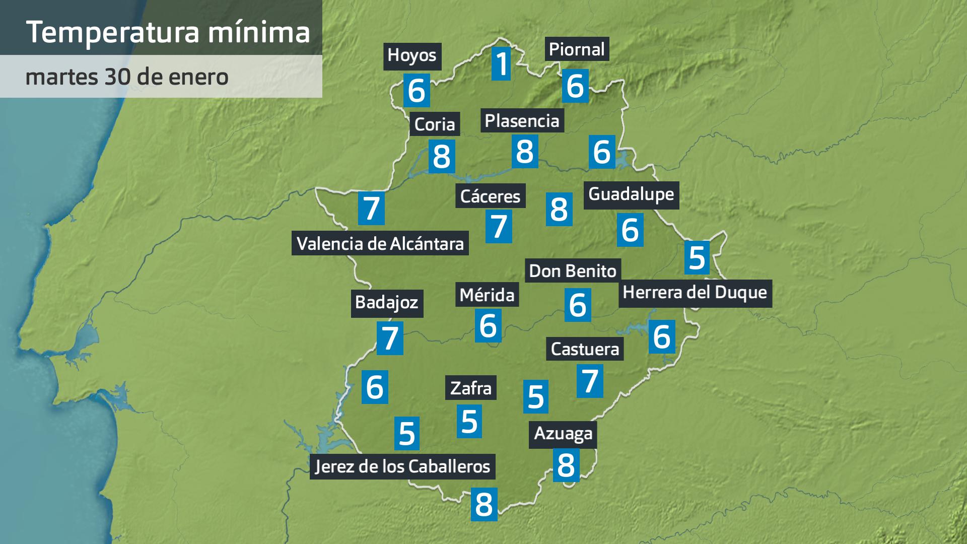 Temperatura mínima martes 30 de enero. Datos hasta las 6:30 h. Aemet, Meteoclimatic et al.