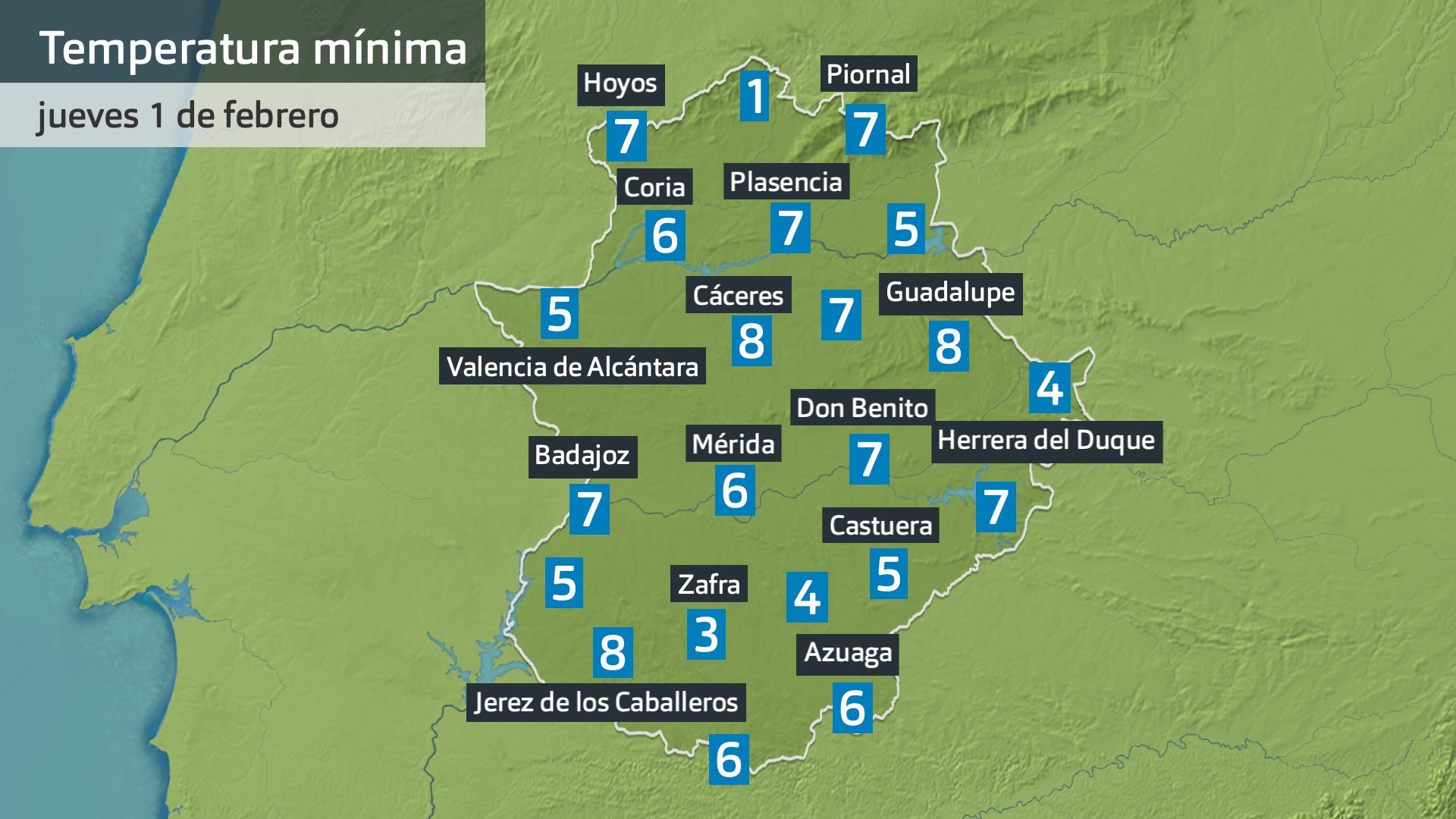 Temperatura mínima jueves 1 de febrero. Datos hasta las 6:30 h. Aemet, Meteoclimatic et al.