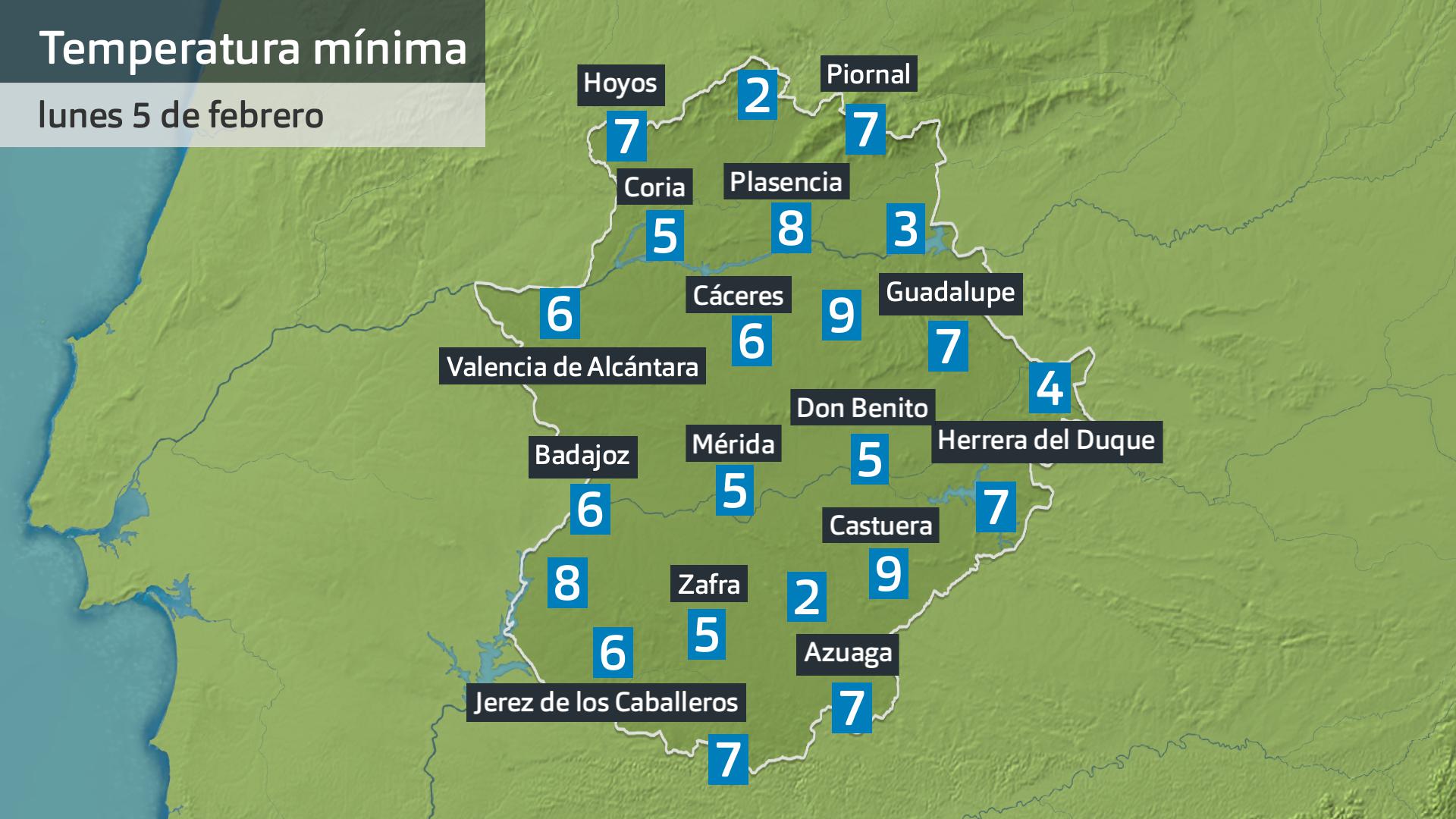 Temperatura mínima lunes 5 de febrero. Datos hasta las 6:30 h. Aemet, Meteoclimatic et al.