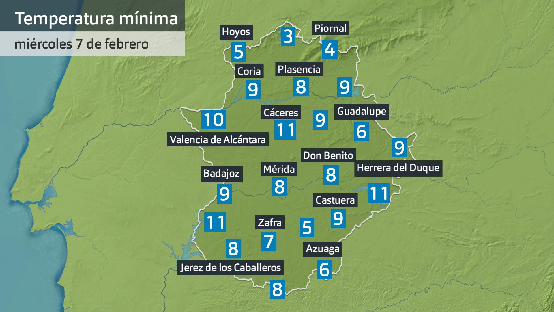 Temperatura mínima miércoles 7 de febrero. Datos hasta las 6:30 h. Aemet, Meteoclimatic et al.