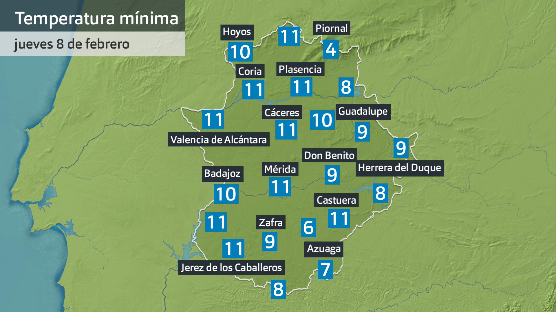 Temperatura mínima jueves 8 de febrero. Datos hasta las 6:30 h. Aemet, Meteoclimatic et al.